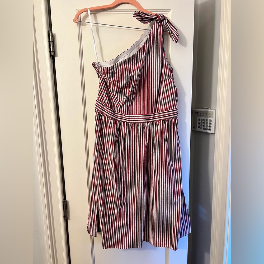 One shoulder dress with red, white, pink, blue strips. Size 10